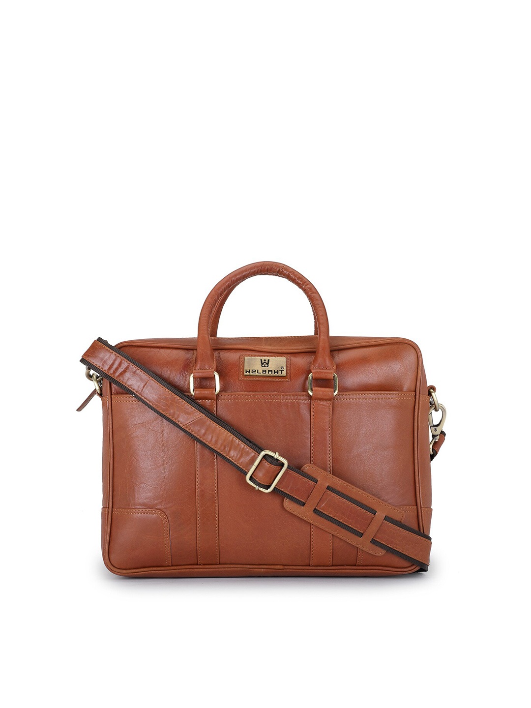 

WELBAWT Men Tan & Gold-Toned Leather Laptop Bag