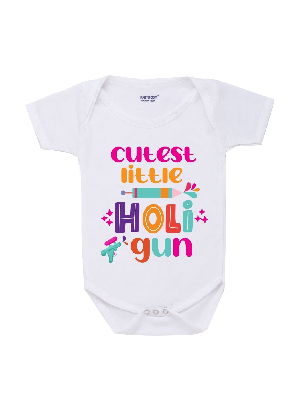 

KNITROOT Kids White Holi Gun Printed Romper