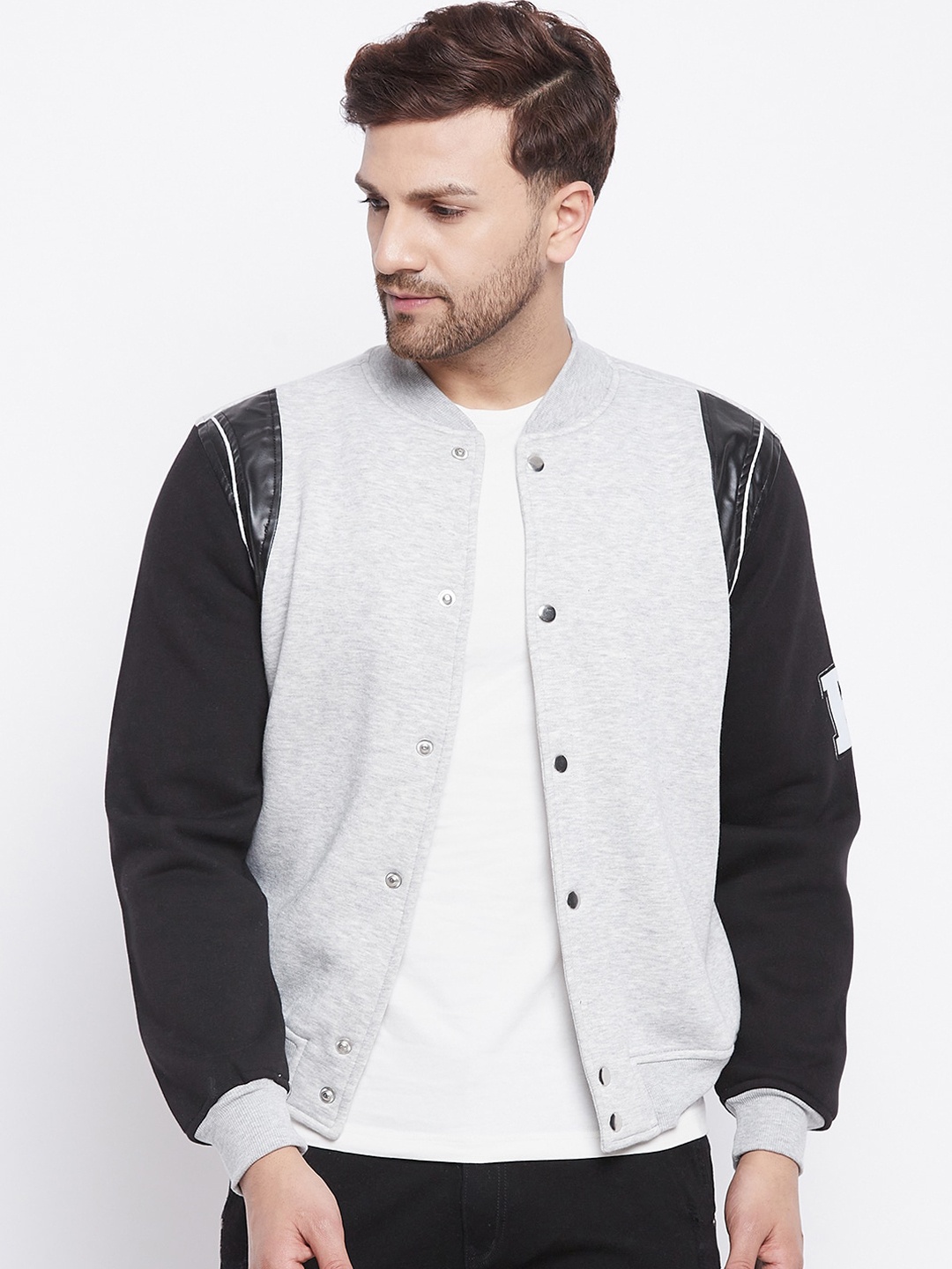 

FUGAZEE Men Grey Colourblocked Fleece Varsity Jacket