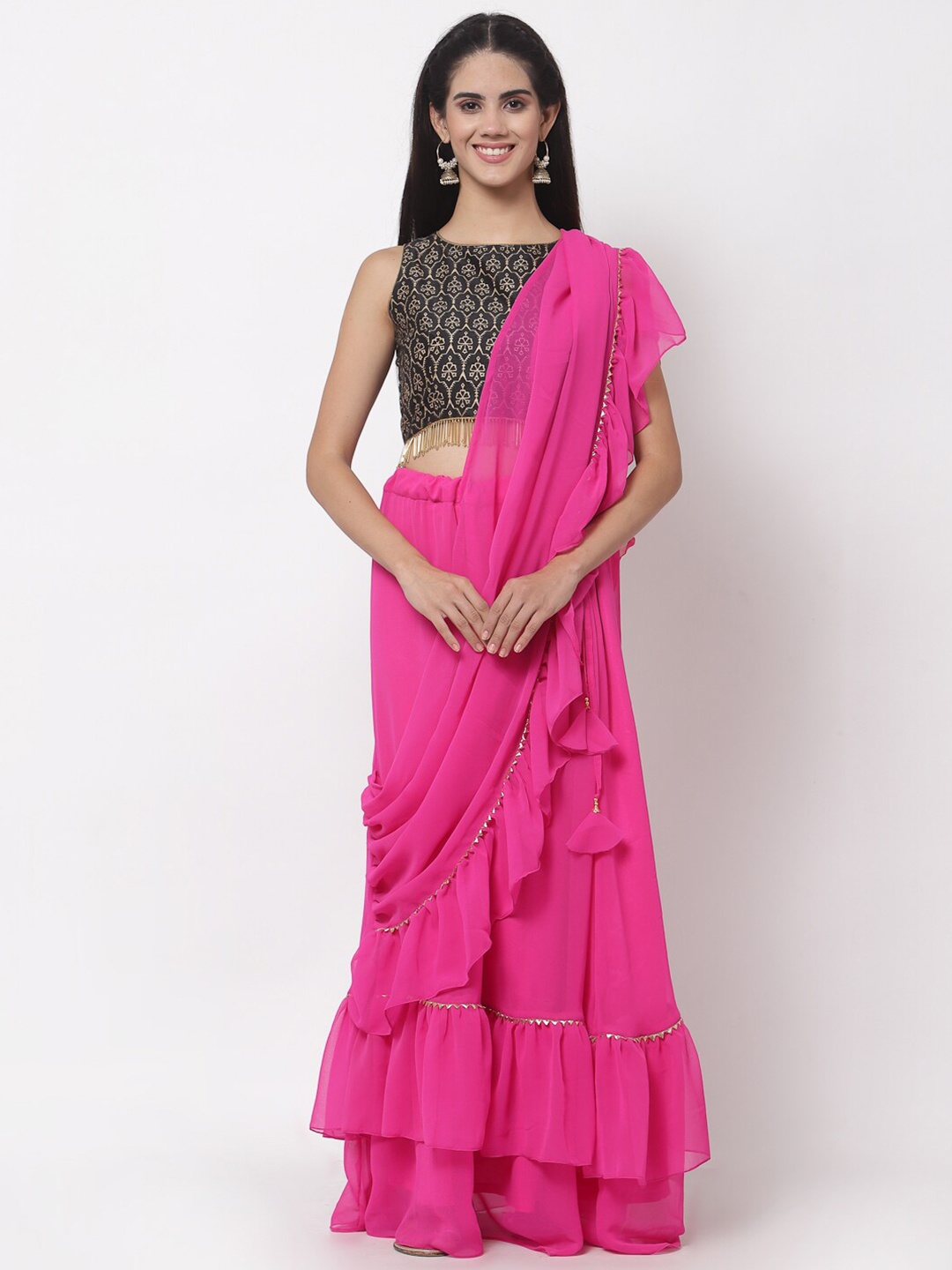 

studio rasa Pink & Black Printed Block Print Ready to Wear Lehenga