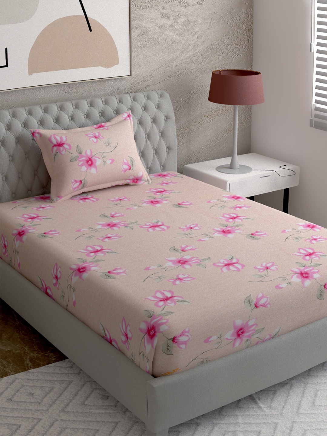 

EverHOME Peach-Coloured & Pink Floral 144 TC Single Bedsheet with 1 Pillow Covers