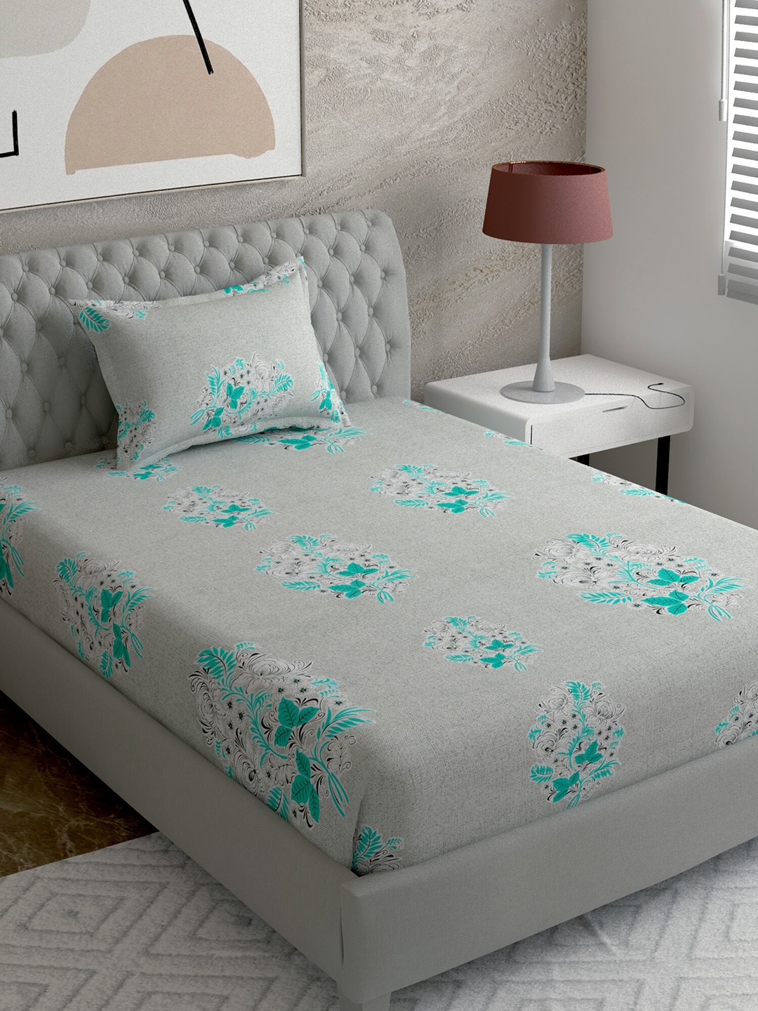 

EverHOME Grey & Green Floral 144 TC Single Bedsheet with 1 Pillow Covers