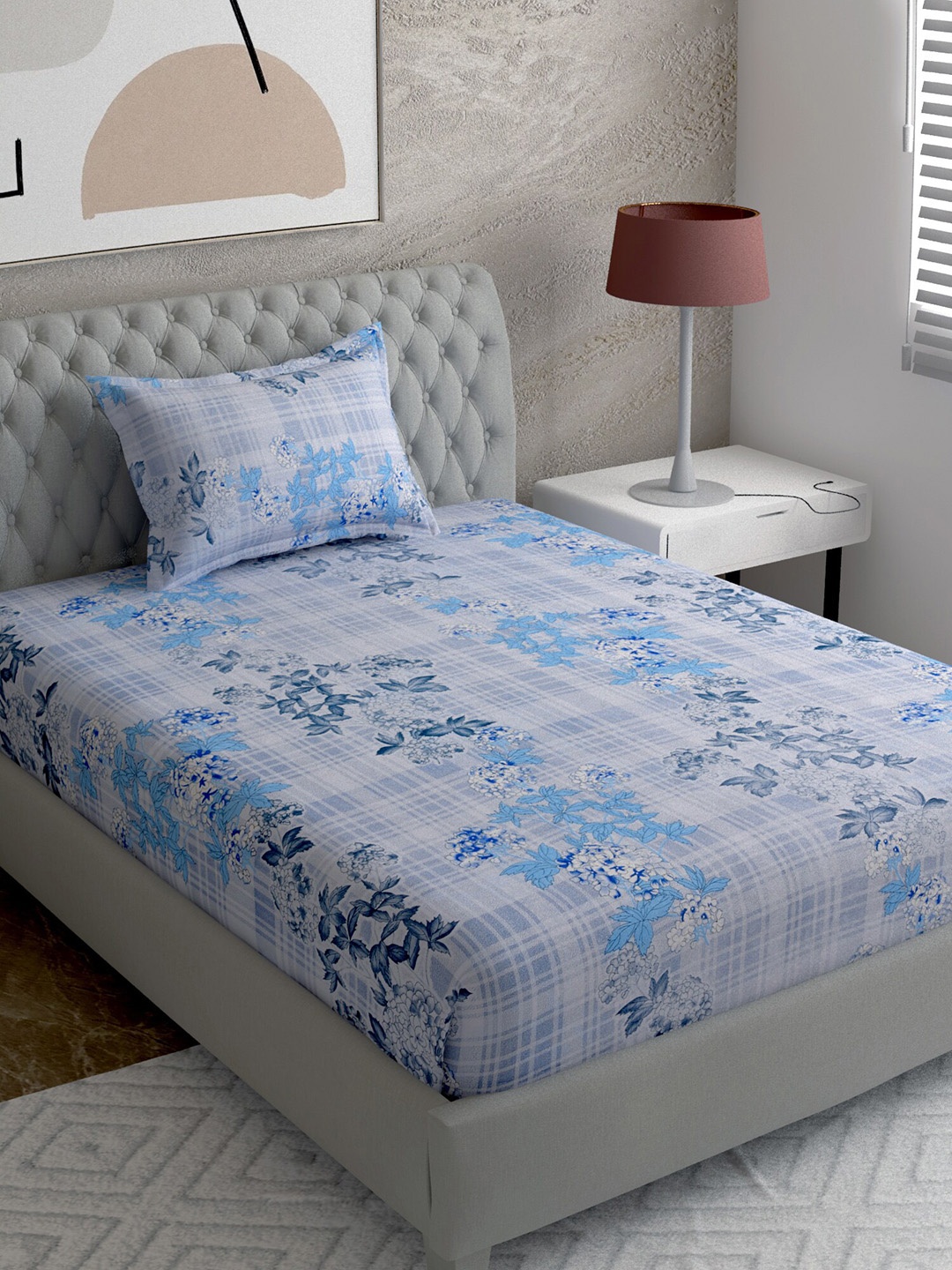 

EverHOME White & Blue Floral 144 TC Single Bedsheet with 1 Pillow Covers