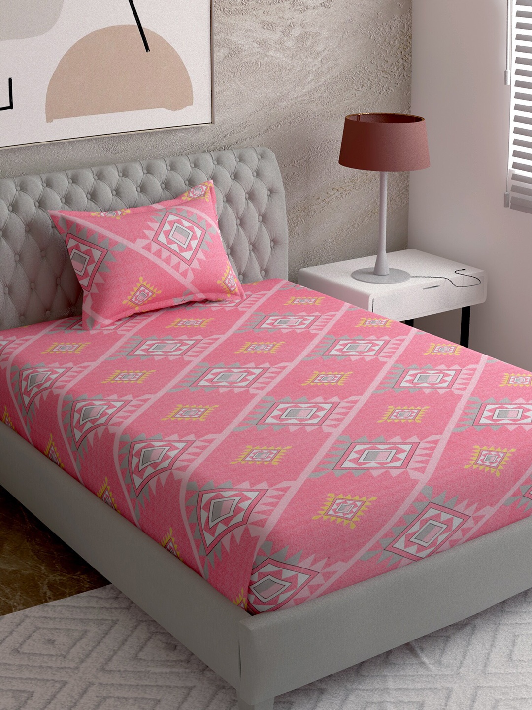 

EverHOME Pink & Yellow Geometric 144 TC Single Bedsheet with 1 Pillow Covers