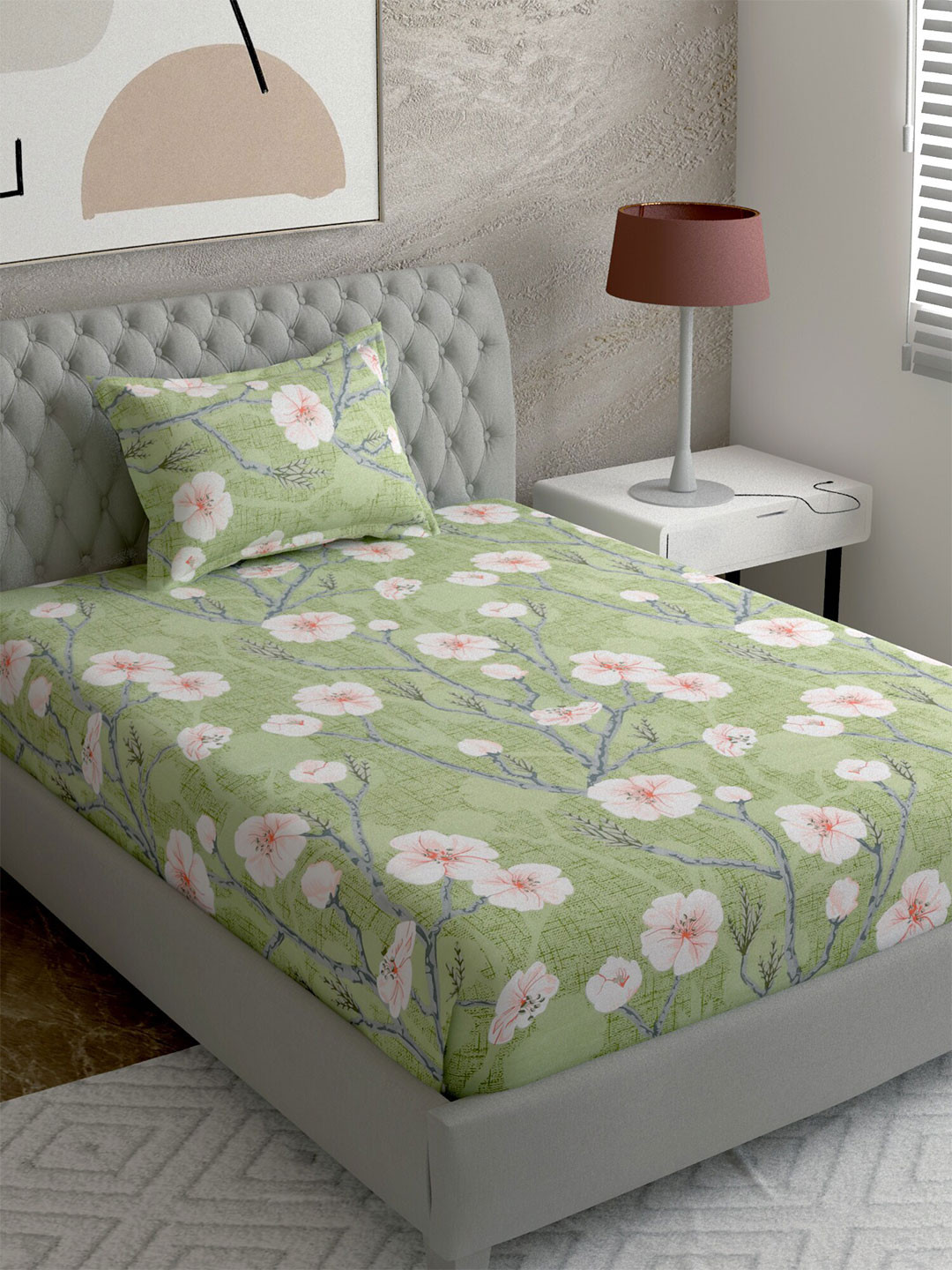 

EverHOME Green & Grey 144 TC Single Floral Bed Sheet with 1 Pillow Cover