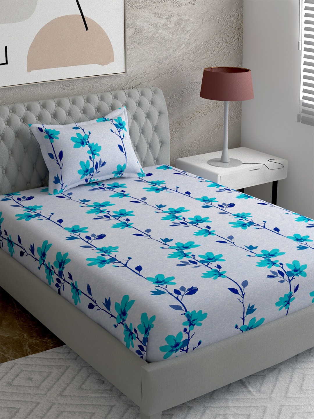 

EverHOME White & Blue Floral Printed 144 TC Single Bedsheet With 1 Pillow Cover