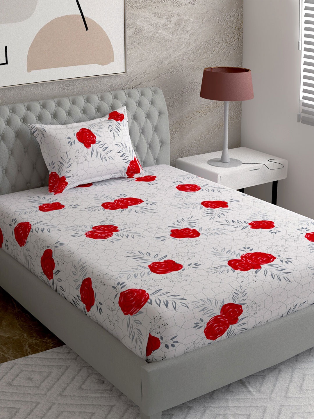 

EverHOME Unisex White & Red TC 144 Floral Single Bedsheet with 1 Pillow Cover