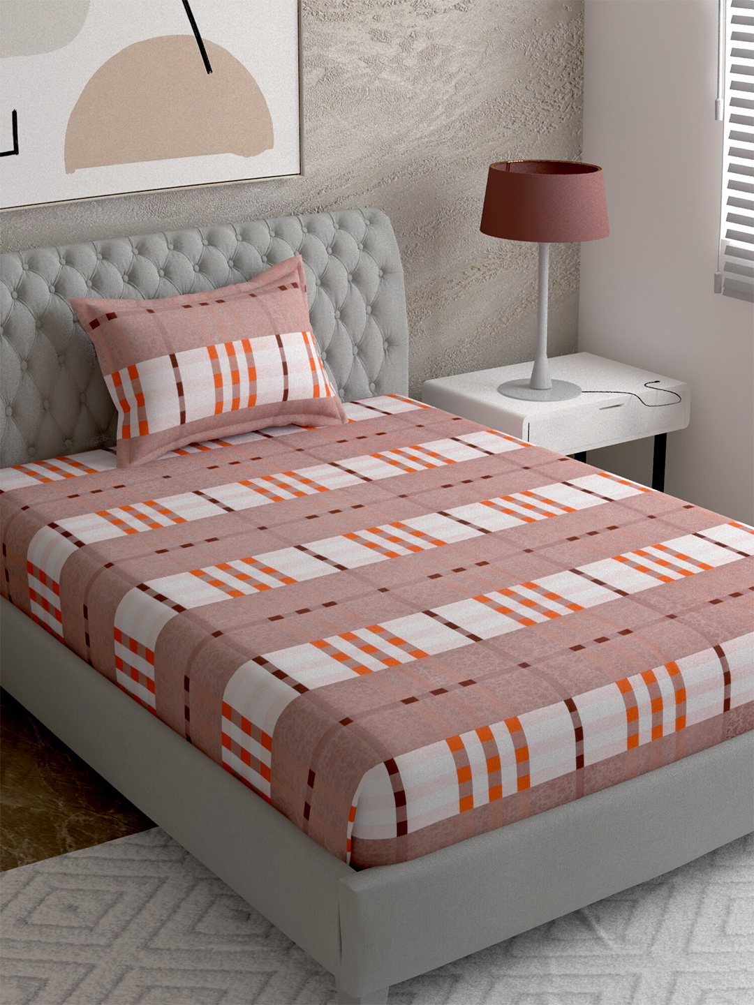 

EverHOME Pink & White Checked144 TC Single Superfine Bedsheet with 1 Pillow Covers