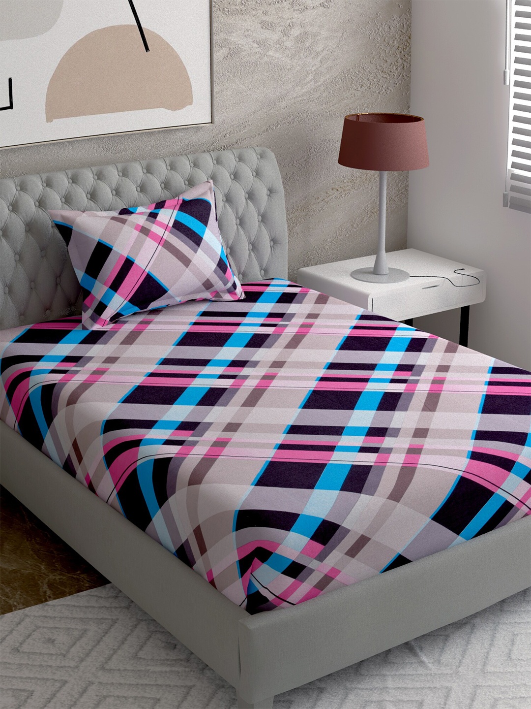 

EverHOME Beige & Blue Striped 144 TC Single Bedsheet with 1 Pillow Cover