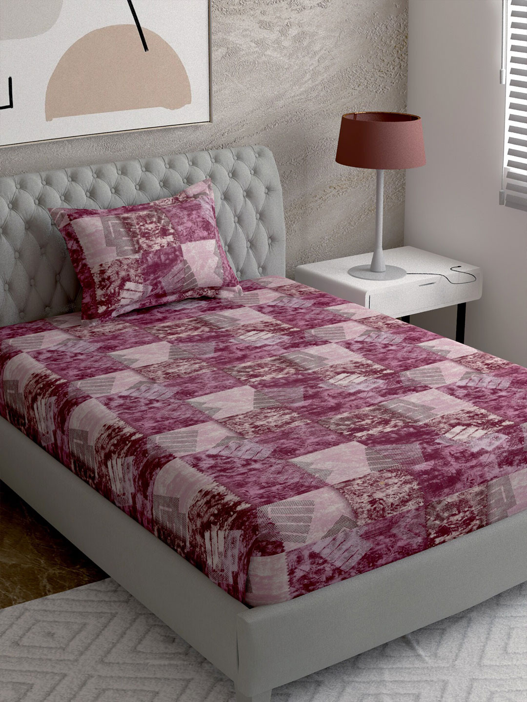 

EverHOME Maroon & Grey Geometric 144 TC Single Bedsheet with 1 Pillow Covers