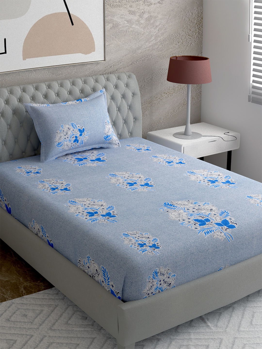 

EverHOME Blue & White Floral 144 TC Single Bedsheet with 1 Pillow Covers