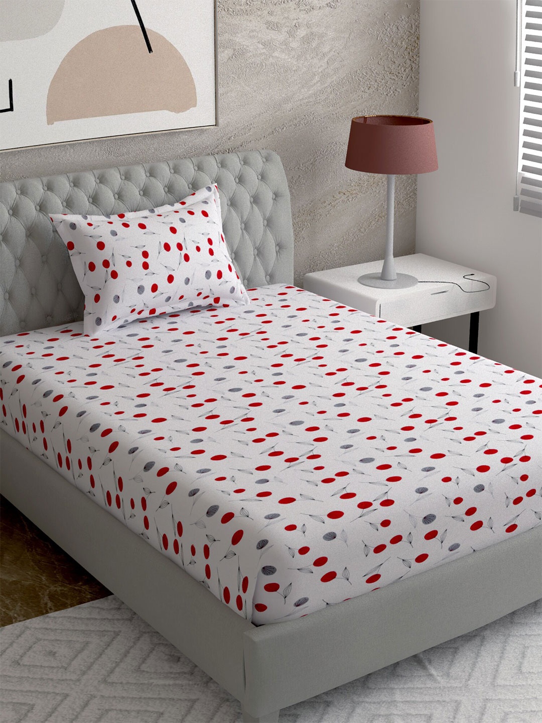 

EverHOME White & Red 144 TC Single Bedsheet with 1 Pillow Covers