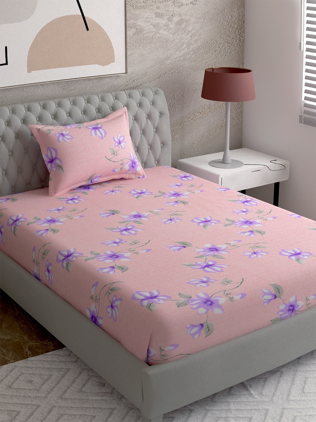 

EverHOME Peach & Purple Floral Printed 144 TC Single Bedsheet with 1 Pillow Cover