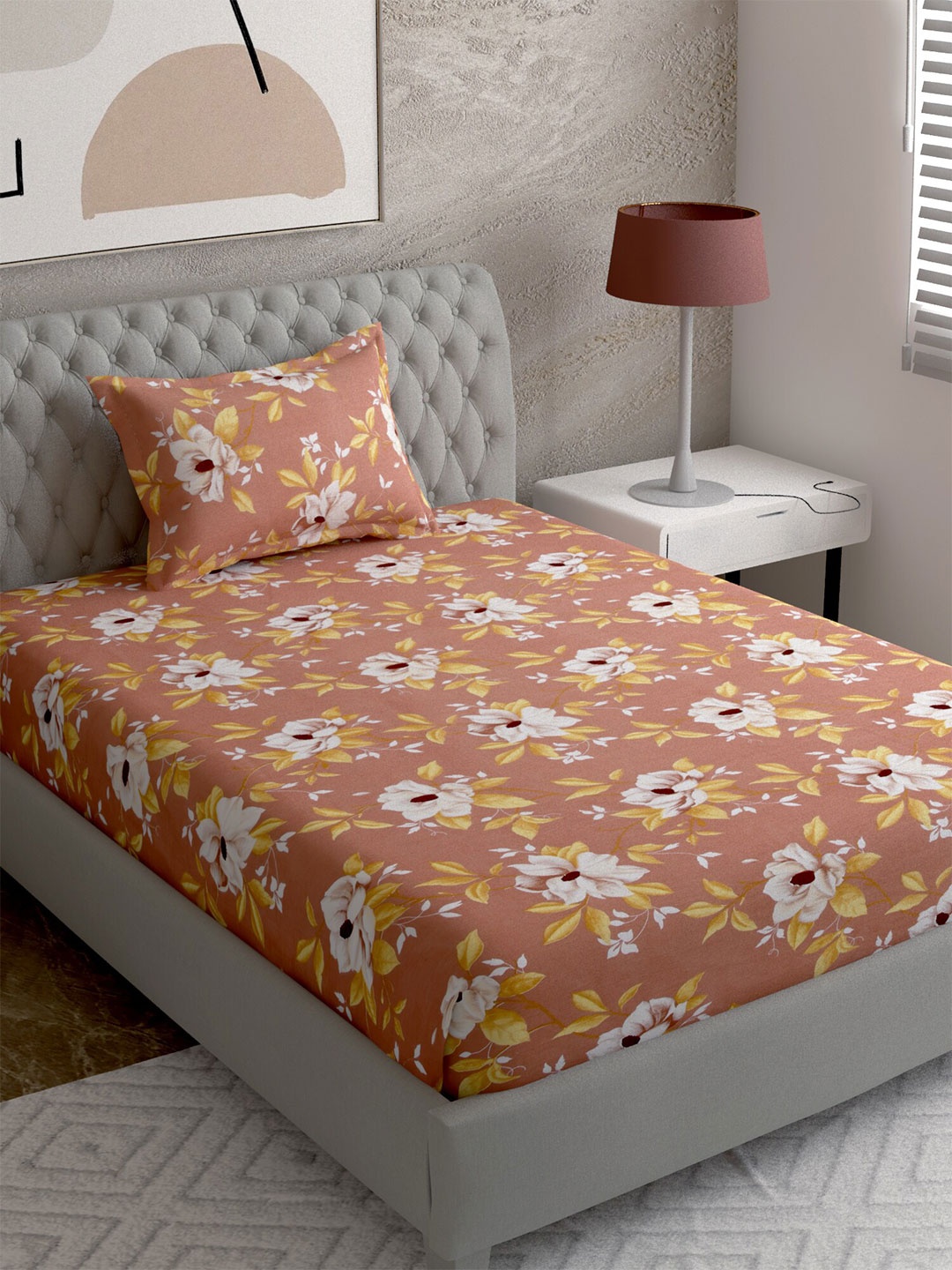

EverHOME Brown & White Floral 144 TC Single Bedsheet with 1 Pillow Covers