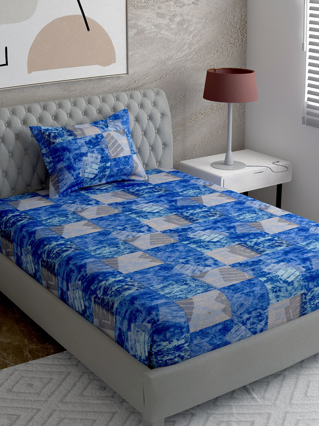 

EverHOME Blue & Grey Abstract Printed144 TC Single Superfine Bedsheet with 1 Pillow Covers
