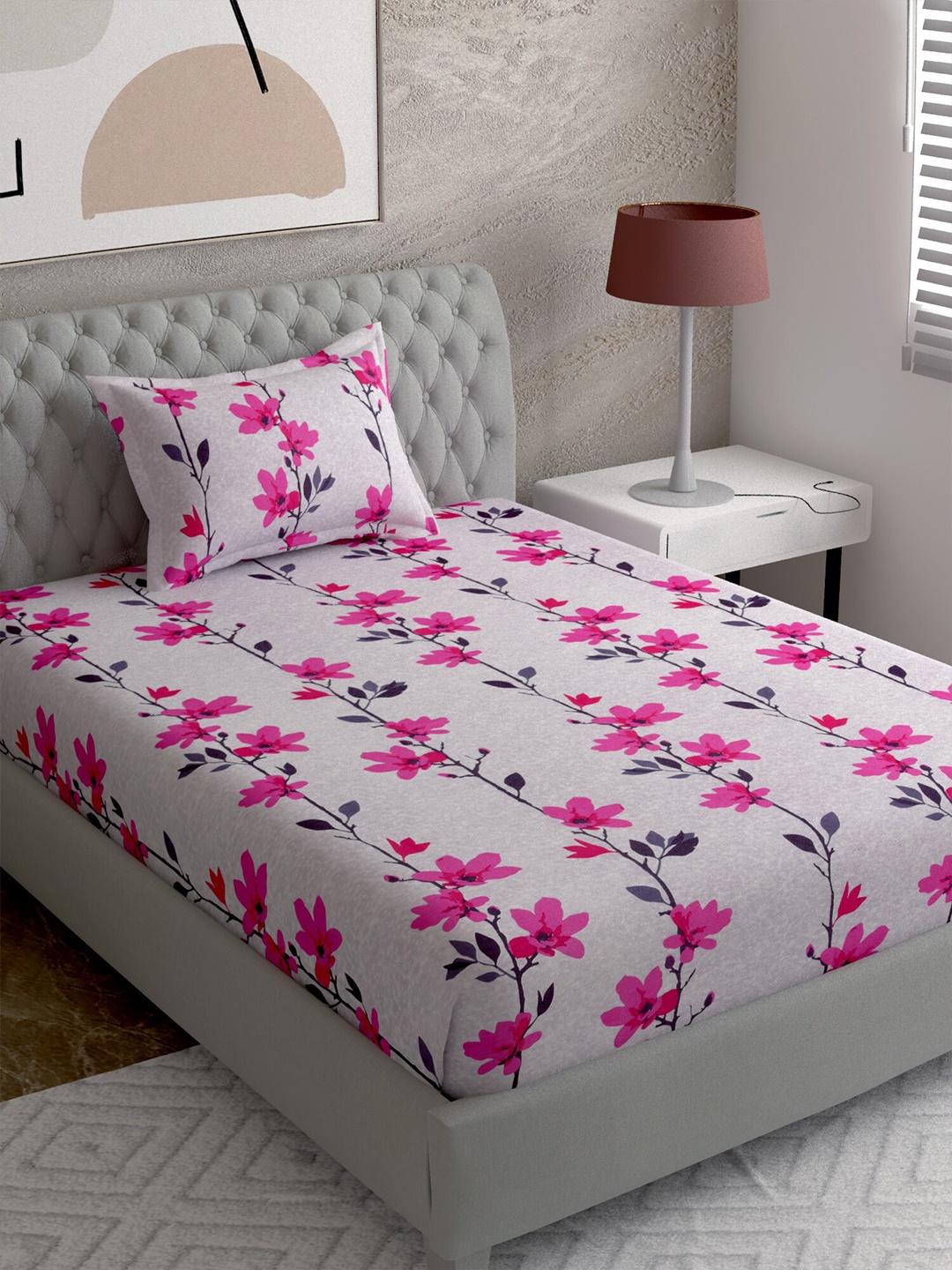 

EverHOME White & Pink Floral 144 TC Single Cotton Bedsheet with 1 Pillow Cover