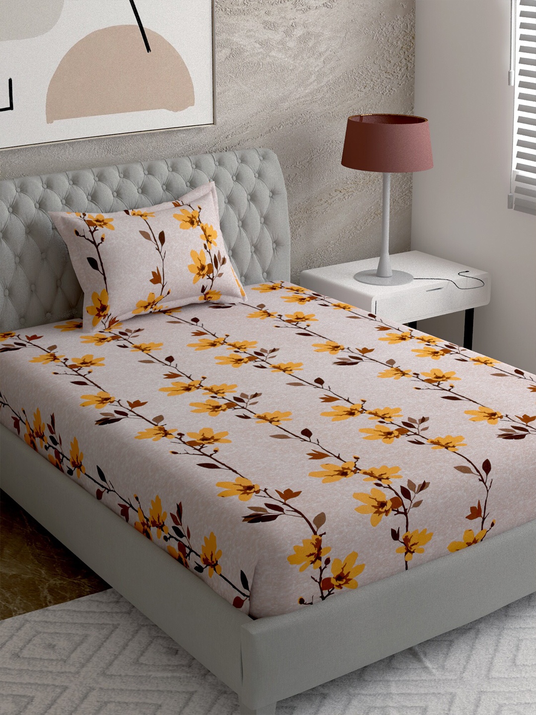 

EverHOME Grey & Yellow Floral 144 TC Single Bedsheet with 1 Pillow Covers