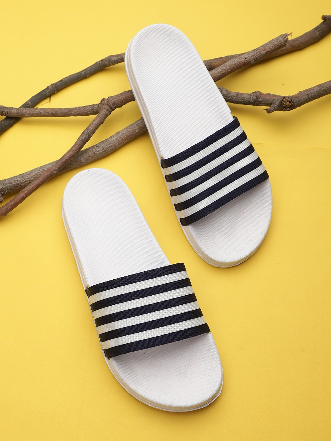 

Pampy Angel Men Black & White Striped Water Resistant Rubber Sliders Flip Flops