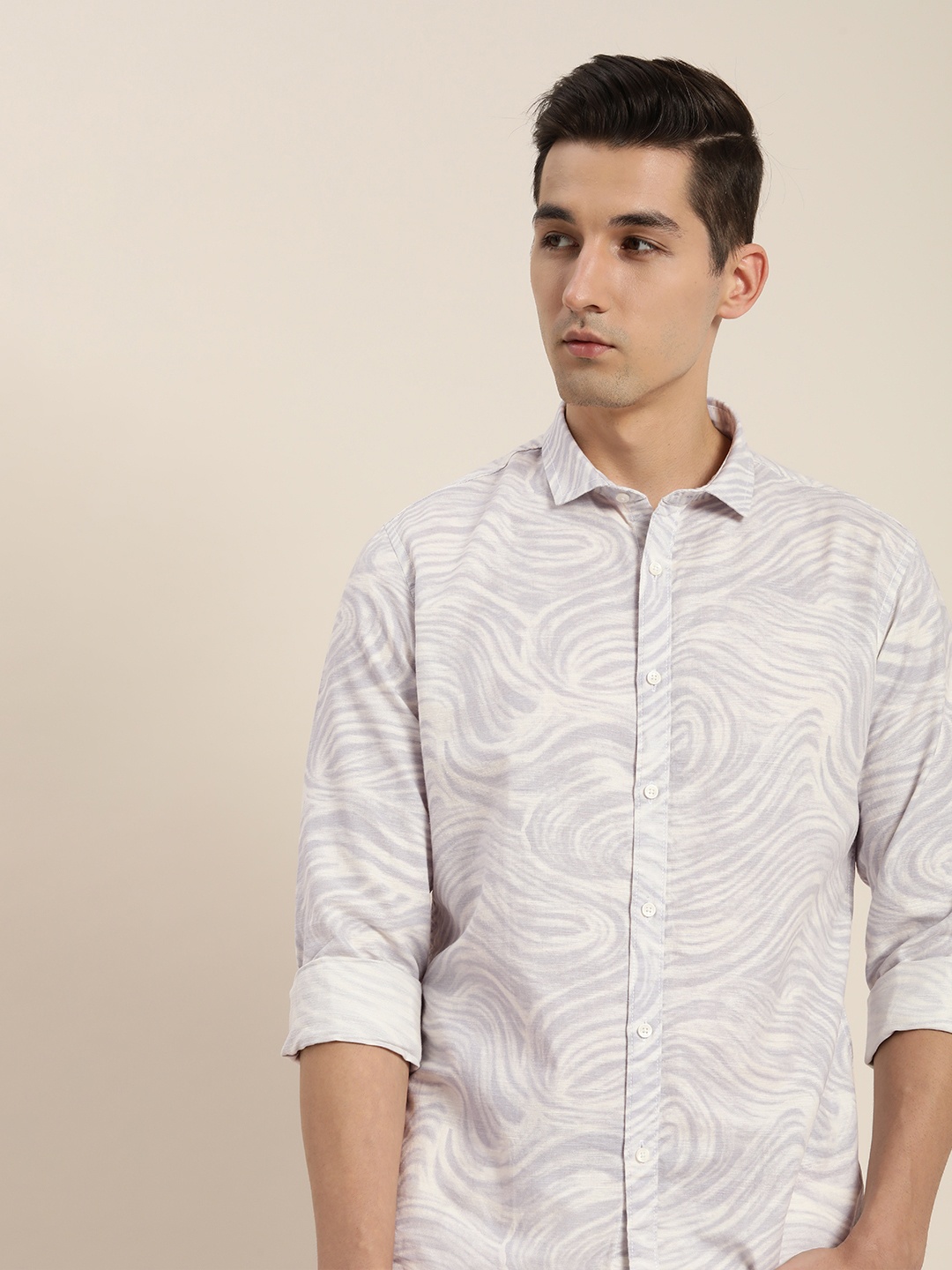 

ether Men White Abstract Printed Cotton Linen Casual Shirt