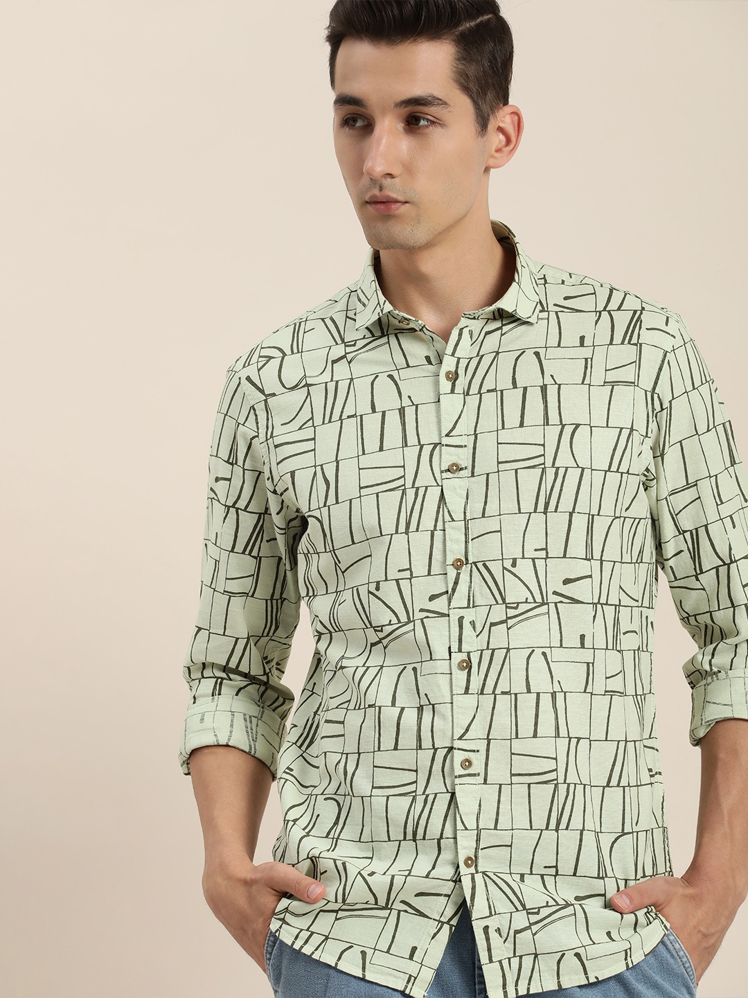 

ether Men Green Printed Regular Fit Cotton Linen Casual Shirt