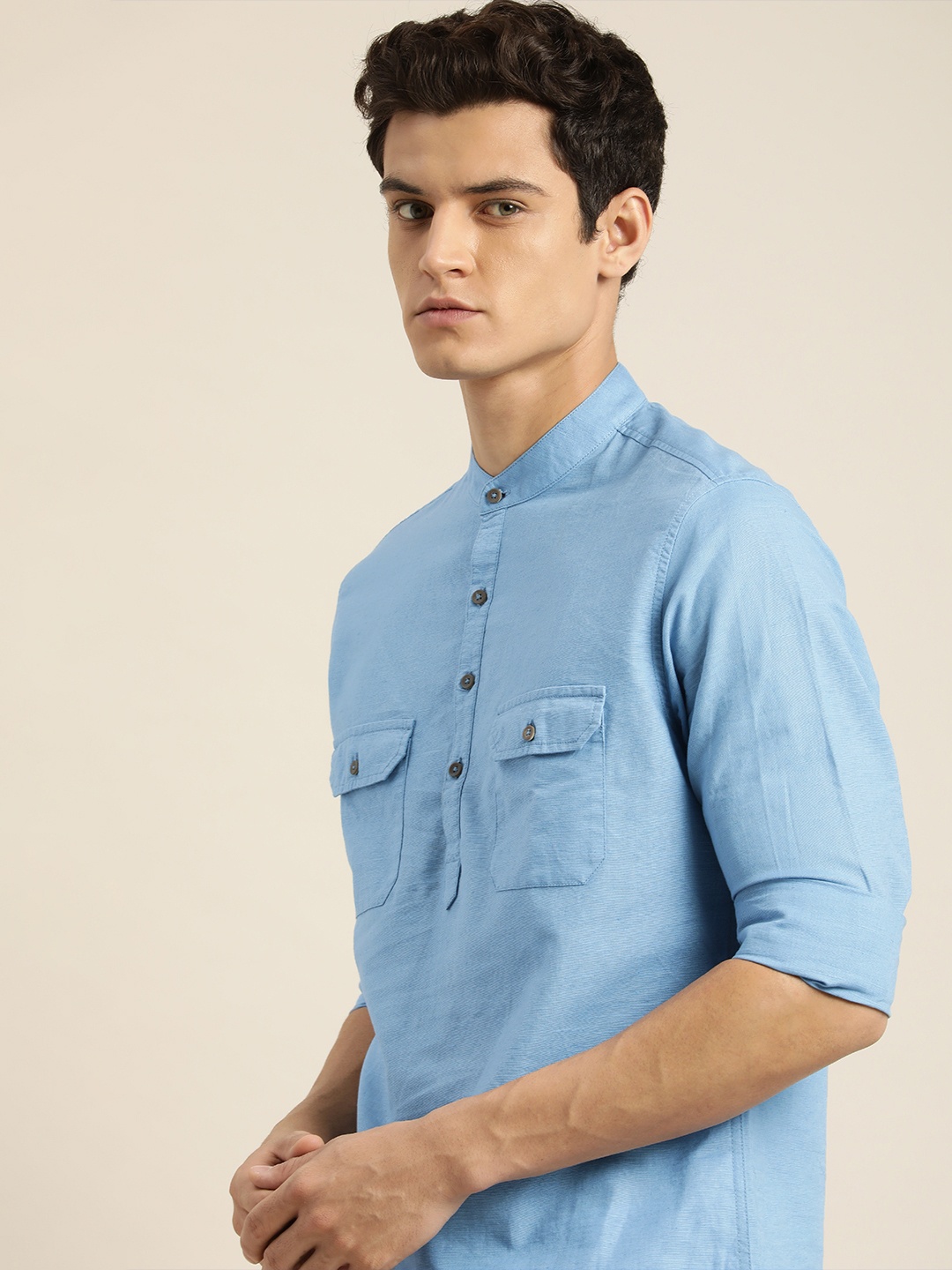 

ether Men Blue Solid Band Collar Casual Shirt