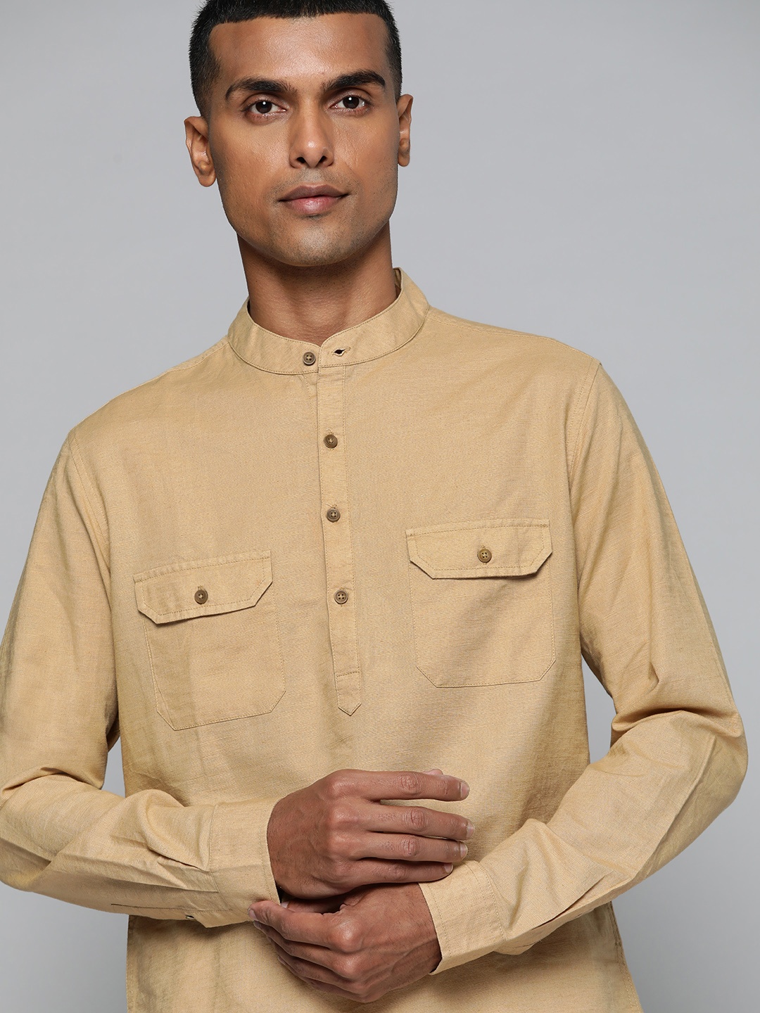 

ether Men Khaki Solid Cotton Linen Casual Shirt