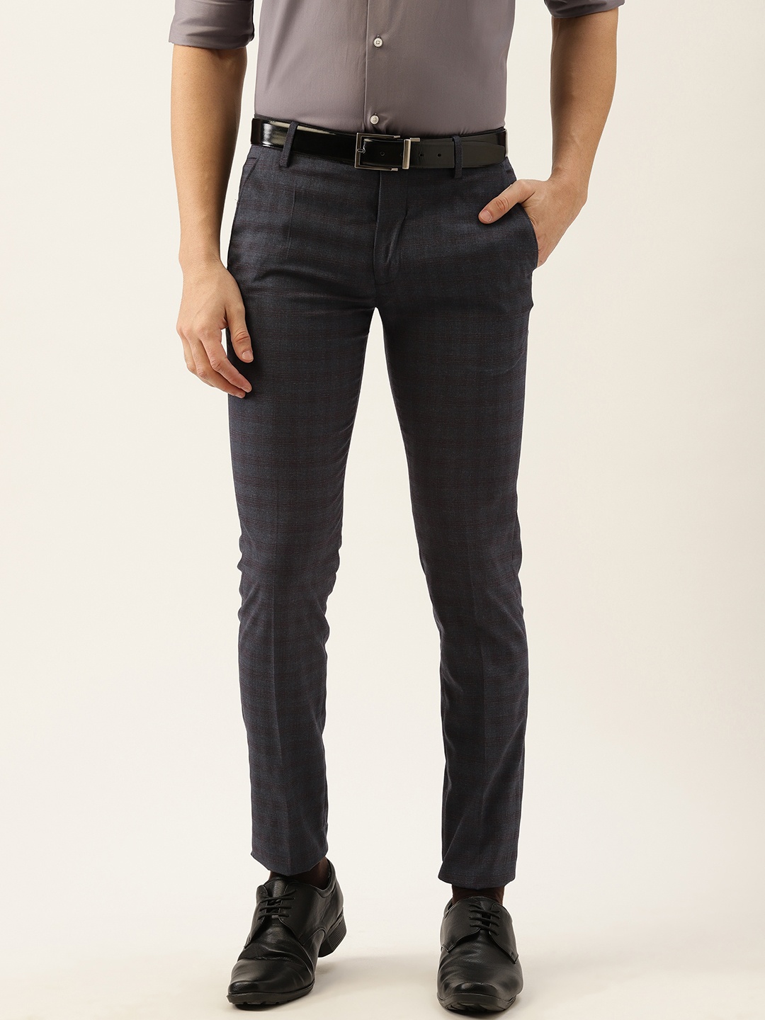 

Peter England Men Charcoal Checked Slim Fit Wrinkle Free Trousers