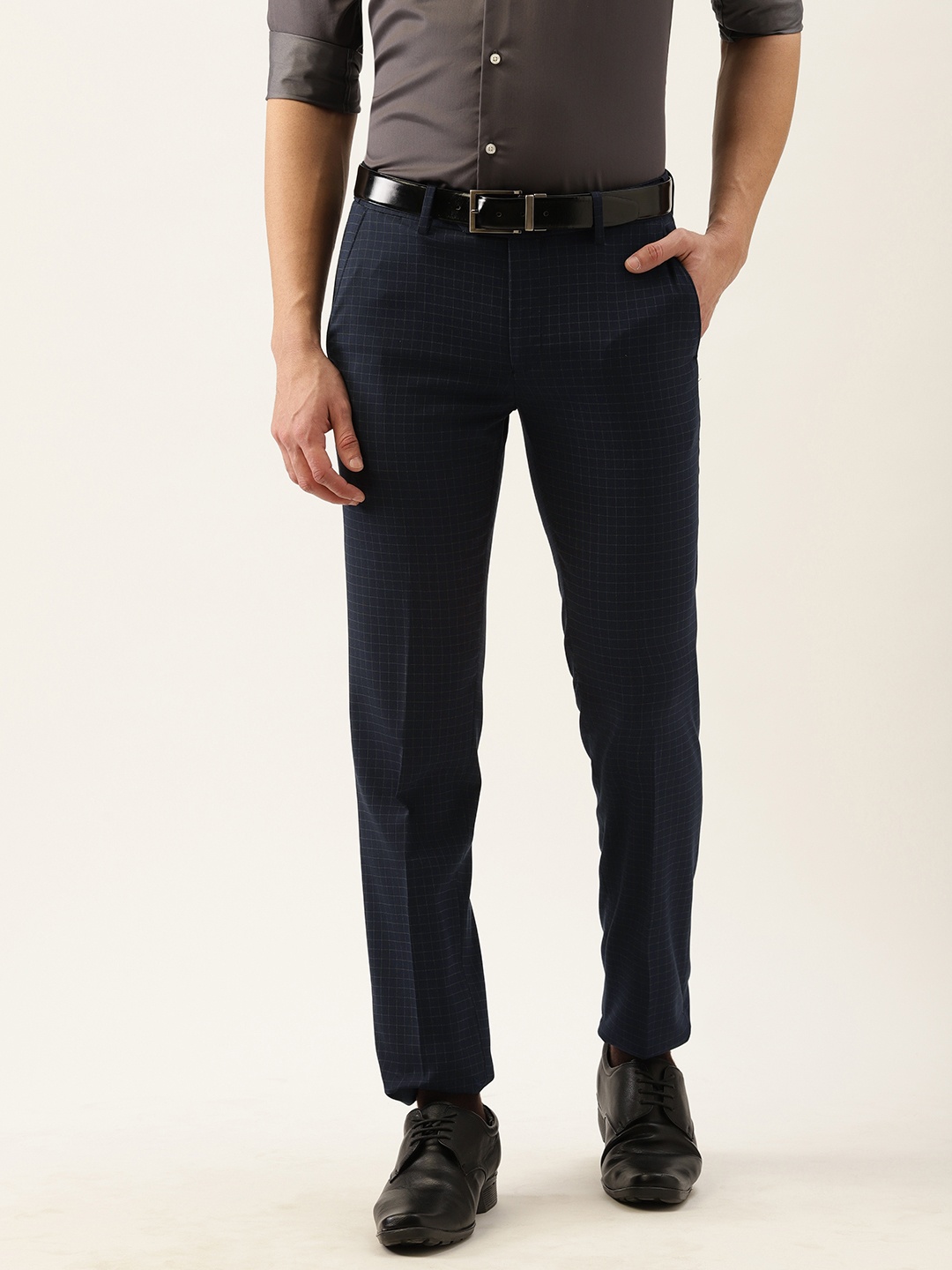 

Peter England Men Navy Blue Checked Slim Fit Trousers
