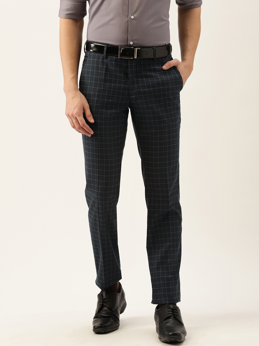

Peter England Men Navy Blue Checked Slim Fit Wrinkle Free Trousers