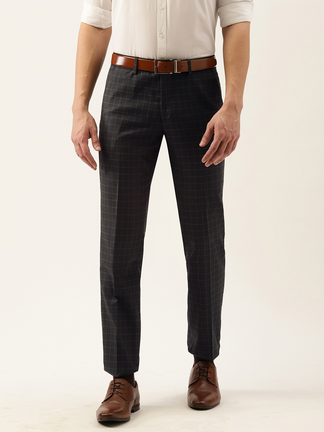 

Peter England Men Charcoal Black & White Checked Slim Fit Trousers