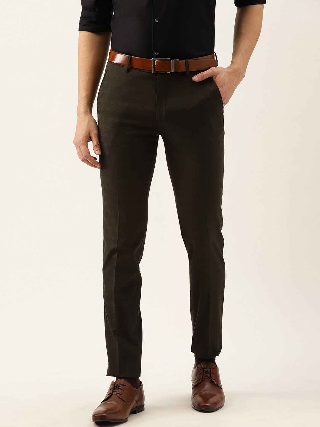 

Peter England Men Brown Solid Slim Fit Wrinkle Free formal Trousers