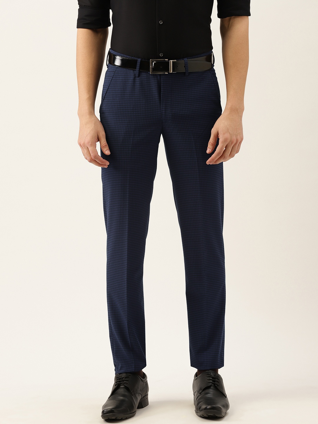 

Peter England Men Navy Blue Checked Slim Fit Wrinkle Free Formal Trousers