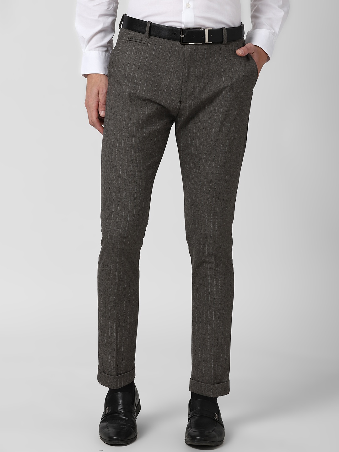 

Peter England Men Grey Striped Formal Trousers