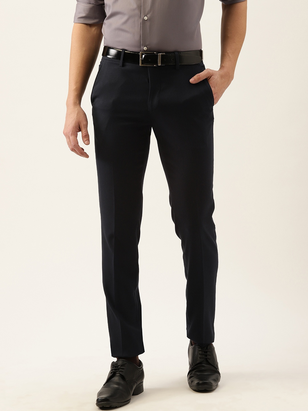 

Peter England Men Navy Blue Solid Slim Fit Wrinkle Free Formal Trousers
