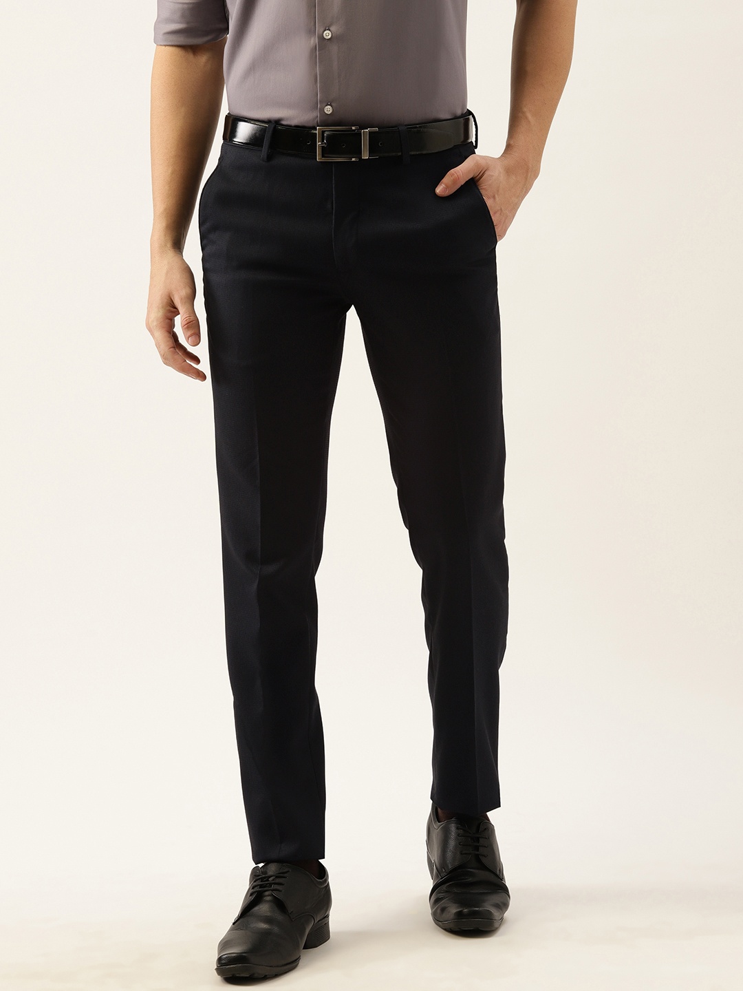 

Peter England Men Black Solid Slim Fit Wrinkle Free Formal Trousers