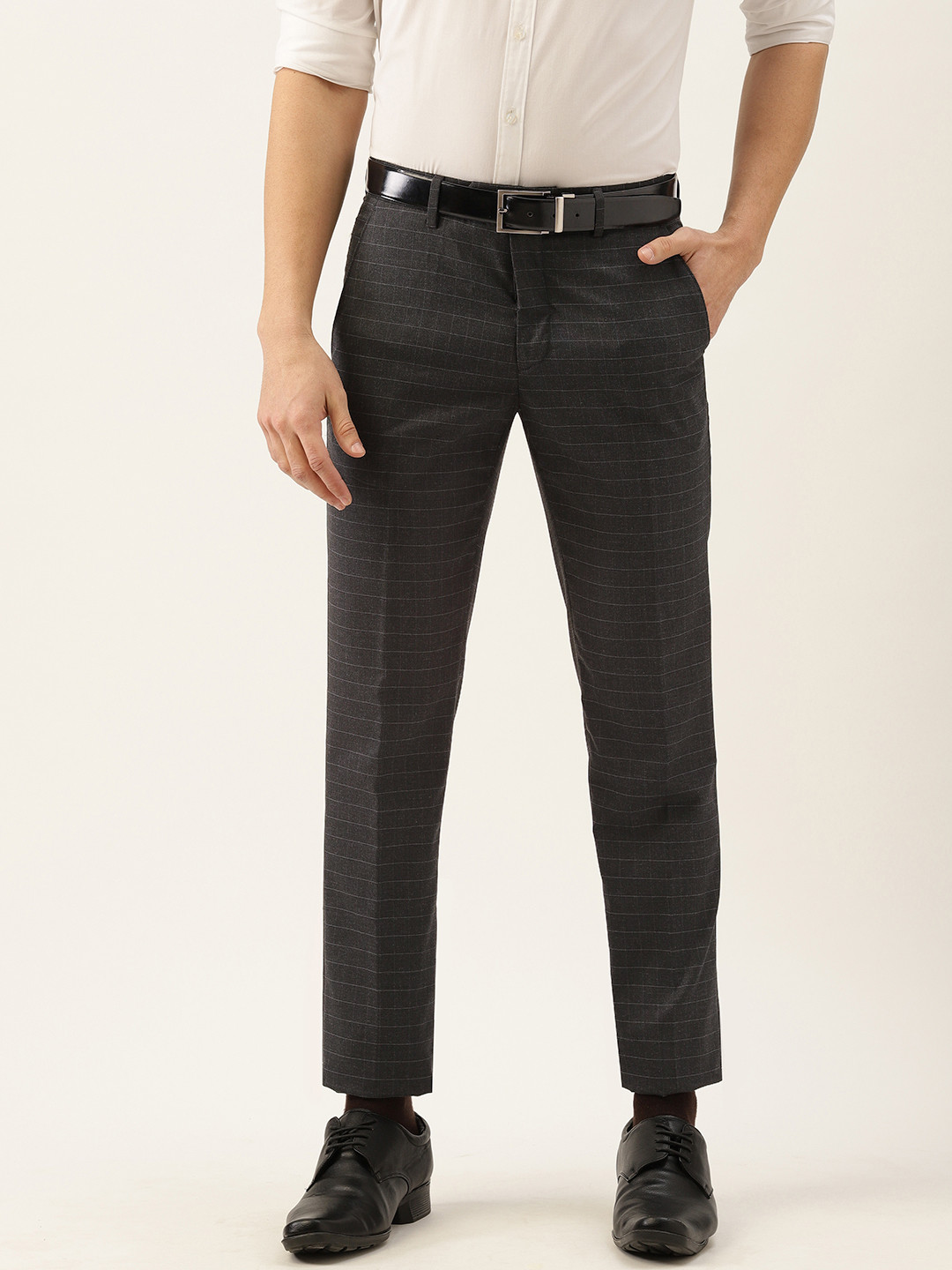 

Peter England Men Charcoal Checked Slim Fit Trousers