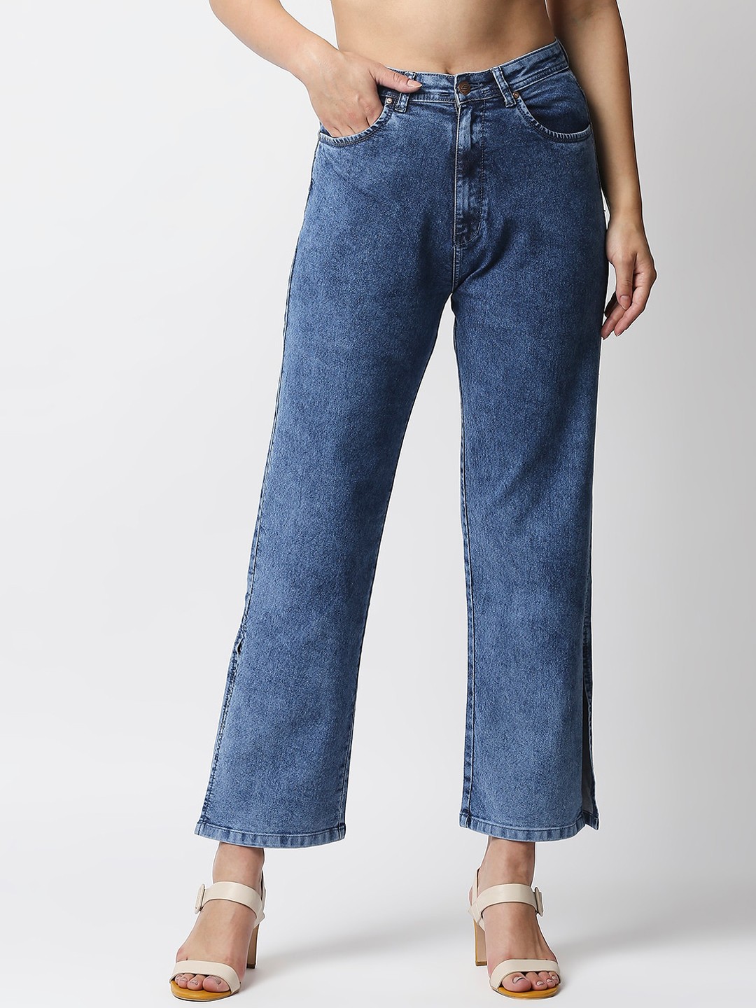 

High Star Women Blue Wide Leg High-Rise Heavy Fade Acid Wash Stretchable Jeans