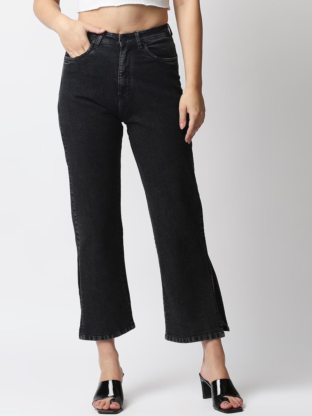 

High Star Women Black Wide Leg High-Rise Stretchable Jeans