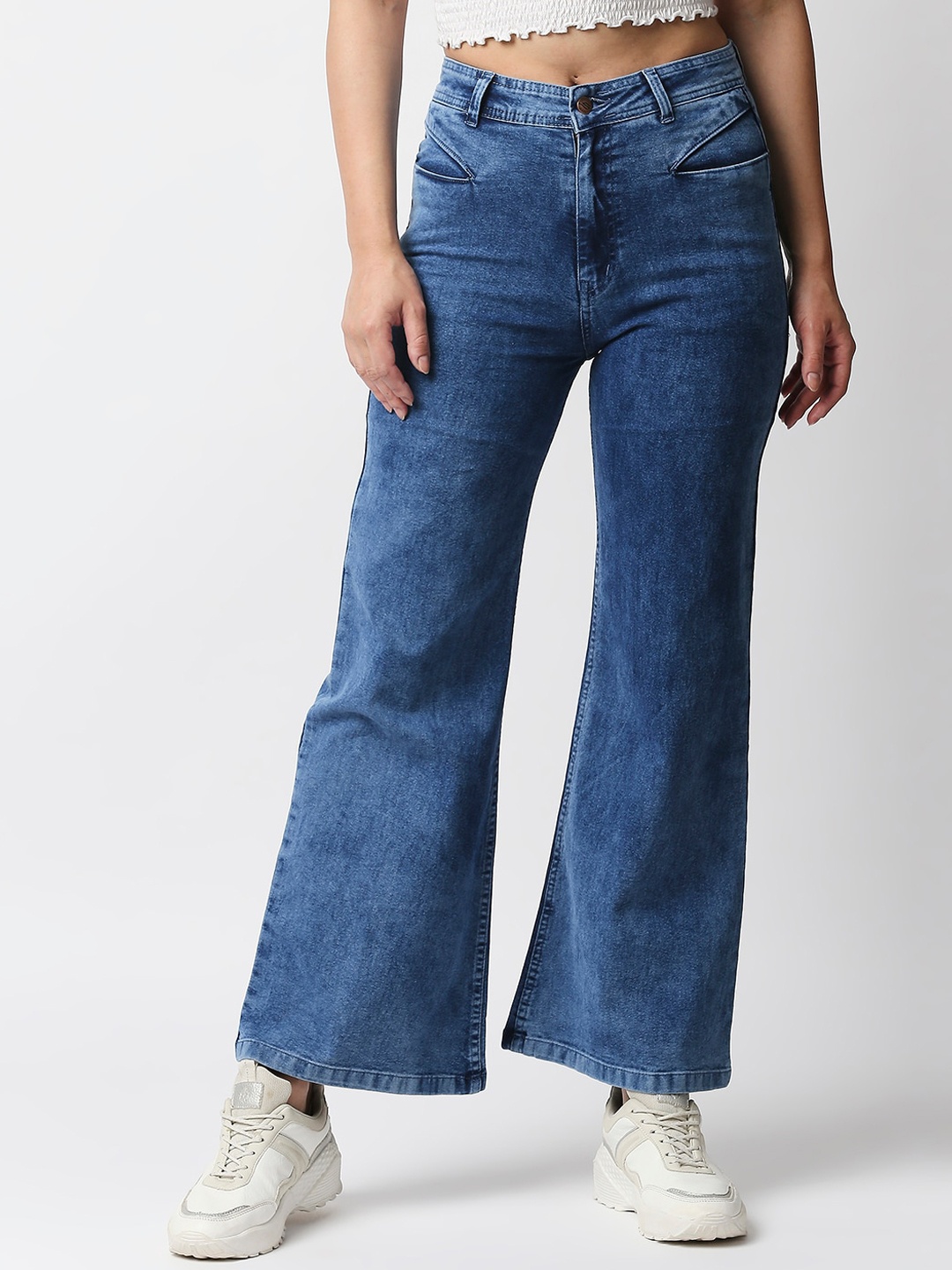

High Star Women Blue Wide Leg High-Rise Light Fade Acid Wash Stretchable Jeans