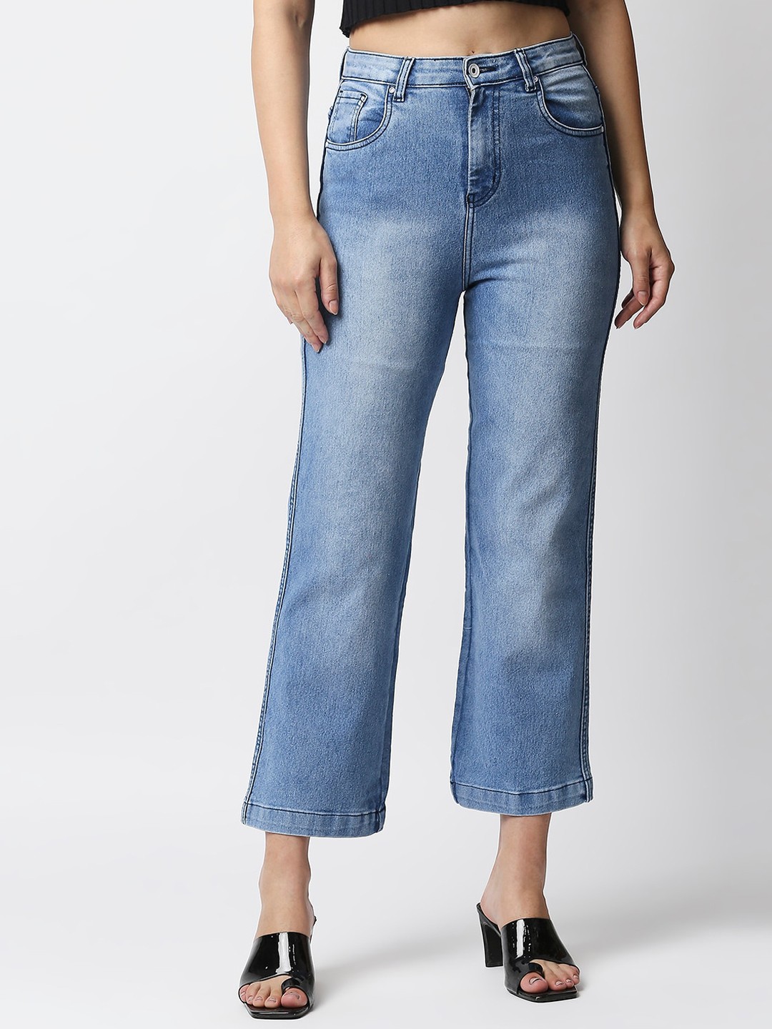 

High Star Women Blue Wide Leg High-Rise Heavy Fade Acid Wash Stretchable Jeans