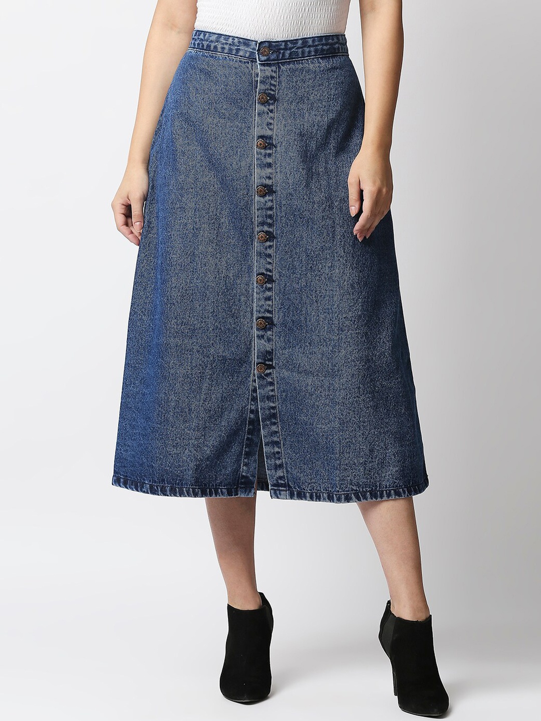 

High Star Blue Solid Midi Denim A-Line Skirt