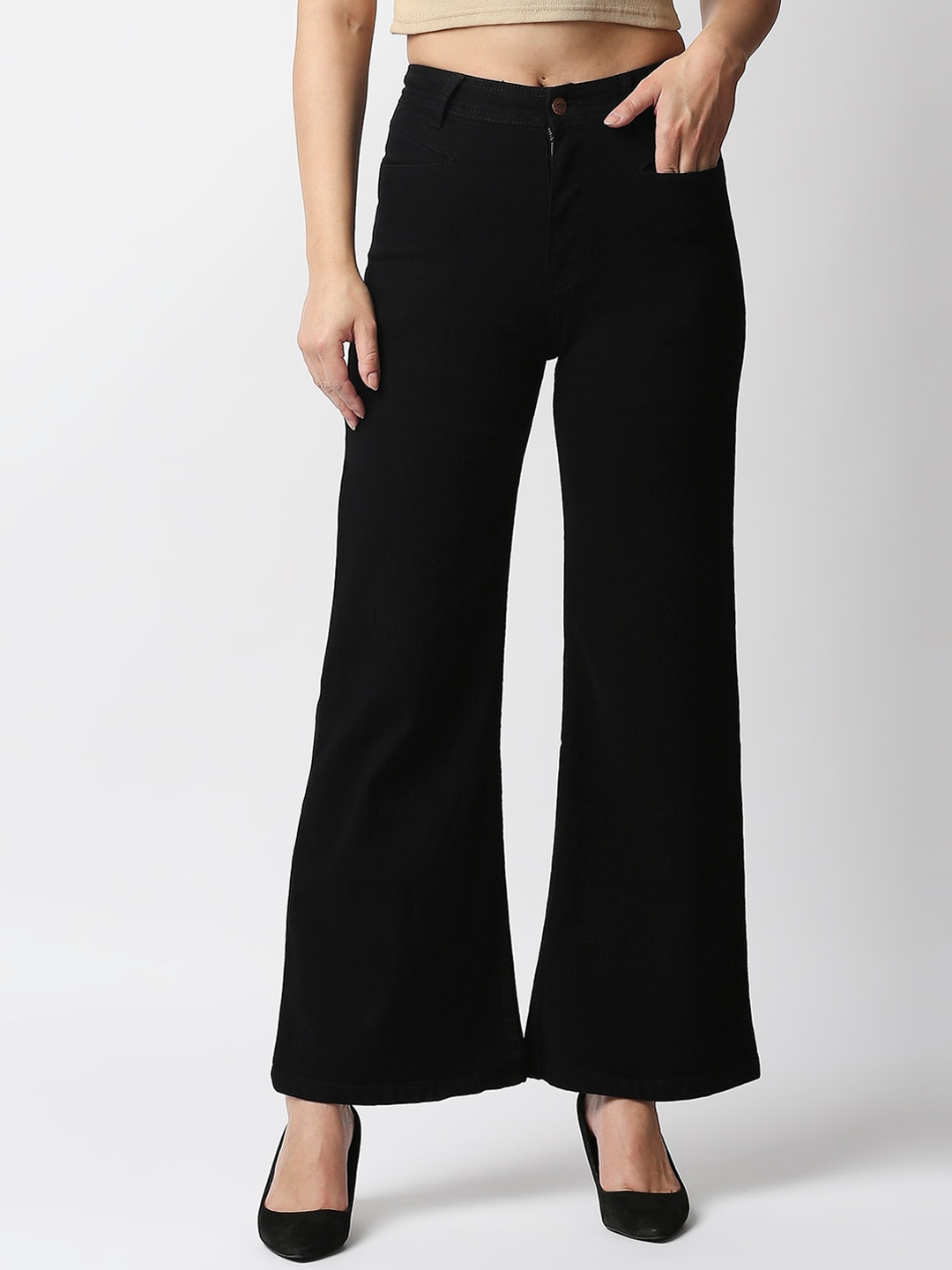 

High Star Women Black Wide Leg High-Rise Stretchable Jeans