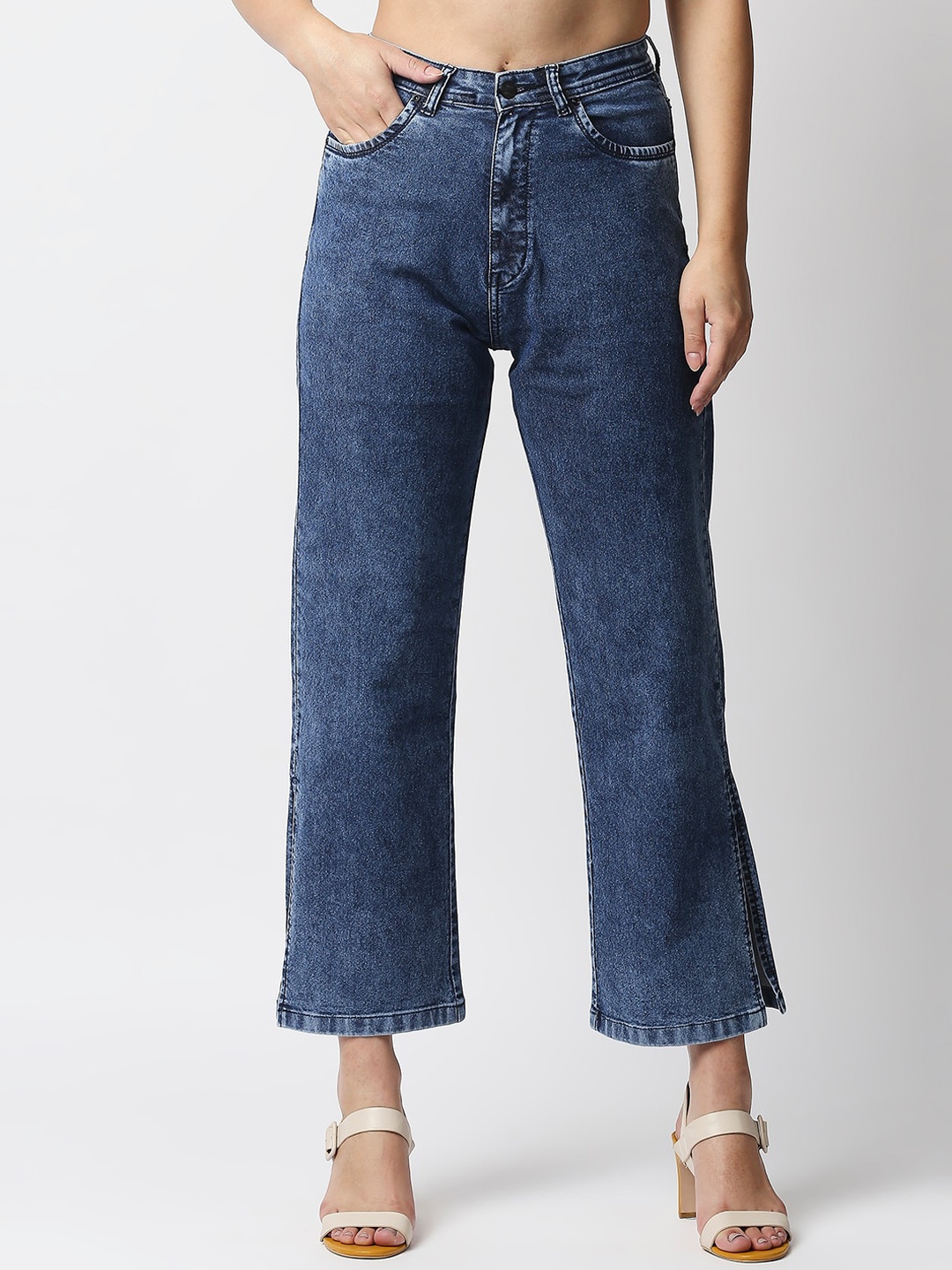 

High Star Women Blue Wide Leg High-Rise Acid Wash Stretchable Jeans