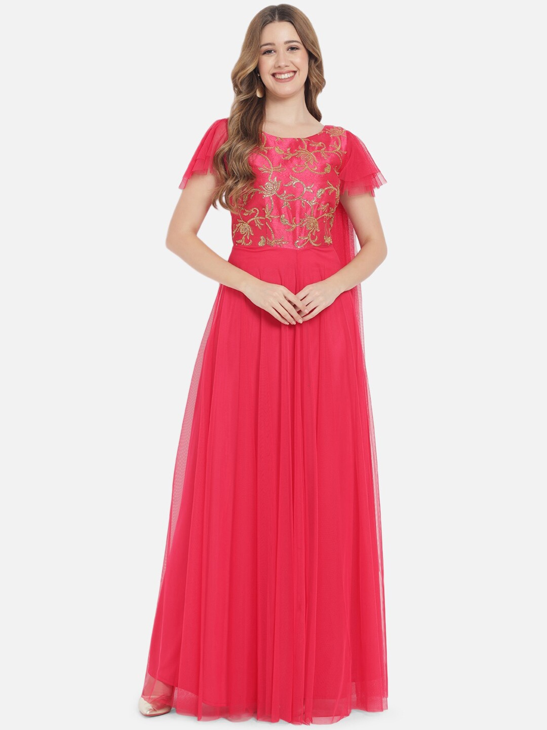 

Just Wow Pink Embellished Net Maxi Dress
