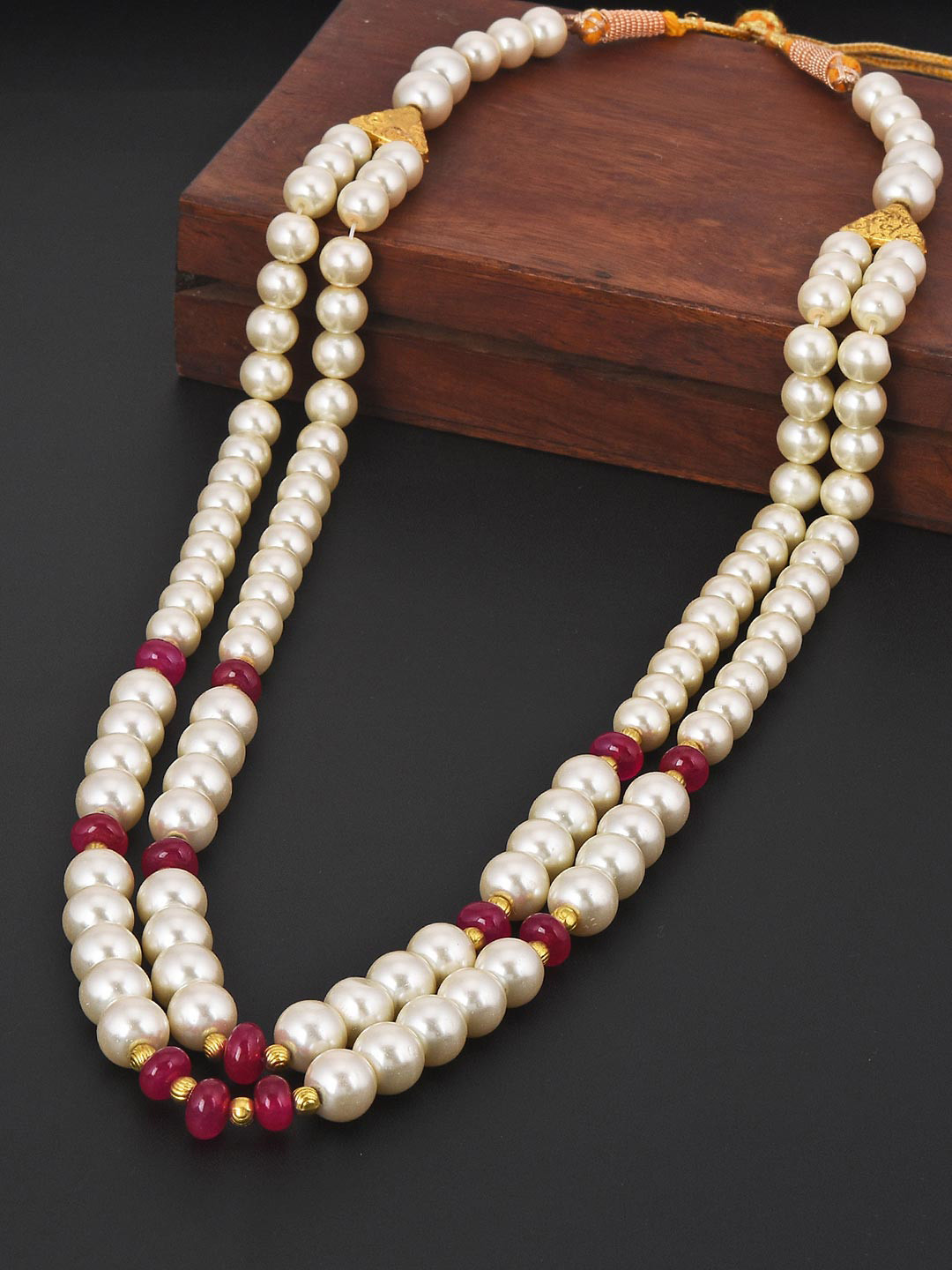 

Tistabene Red & White Gold-Plated Pearls Beaded Bi-Strand Necklace