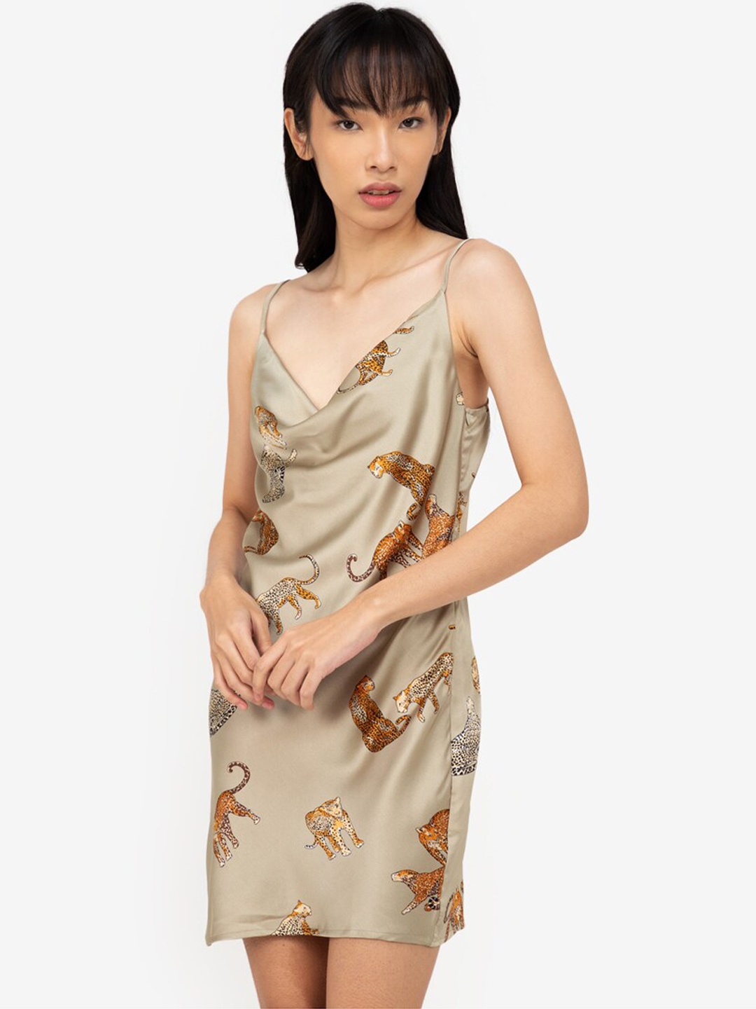 

ZALORA BASICS Beige Leopard Printed A-Line Dress