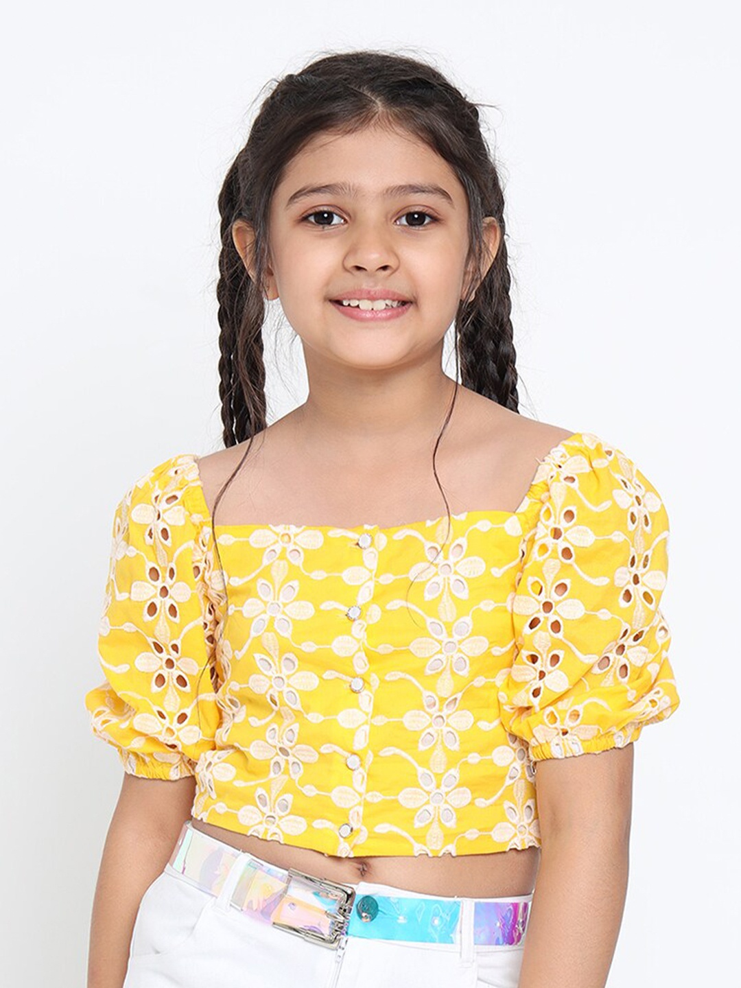 

Natilene Yellow Floral Schiffli Crop Top