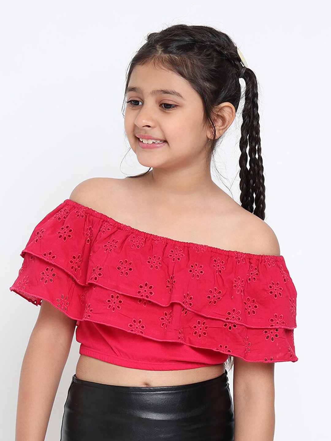 

Natilene Girls Magenta Off-Shoulder Schiffli Pure Cotton Crop Top