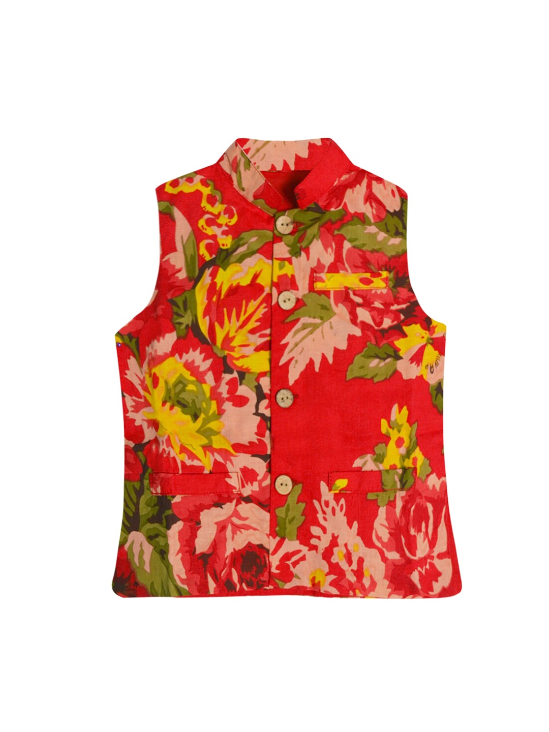 

A.T.U.N. Boys Red & Yellow Floral Printed Pure Cotton Nehru Jacket