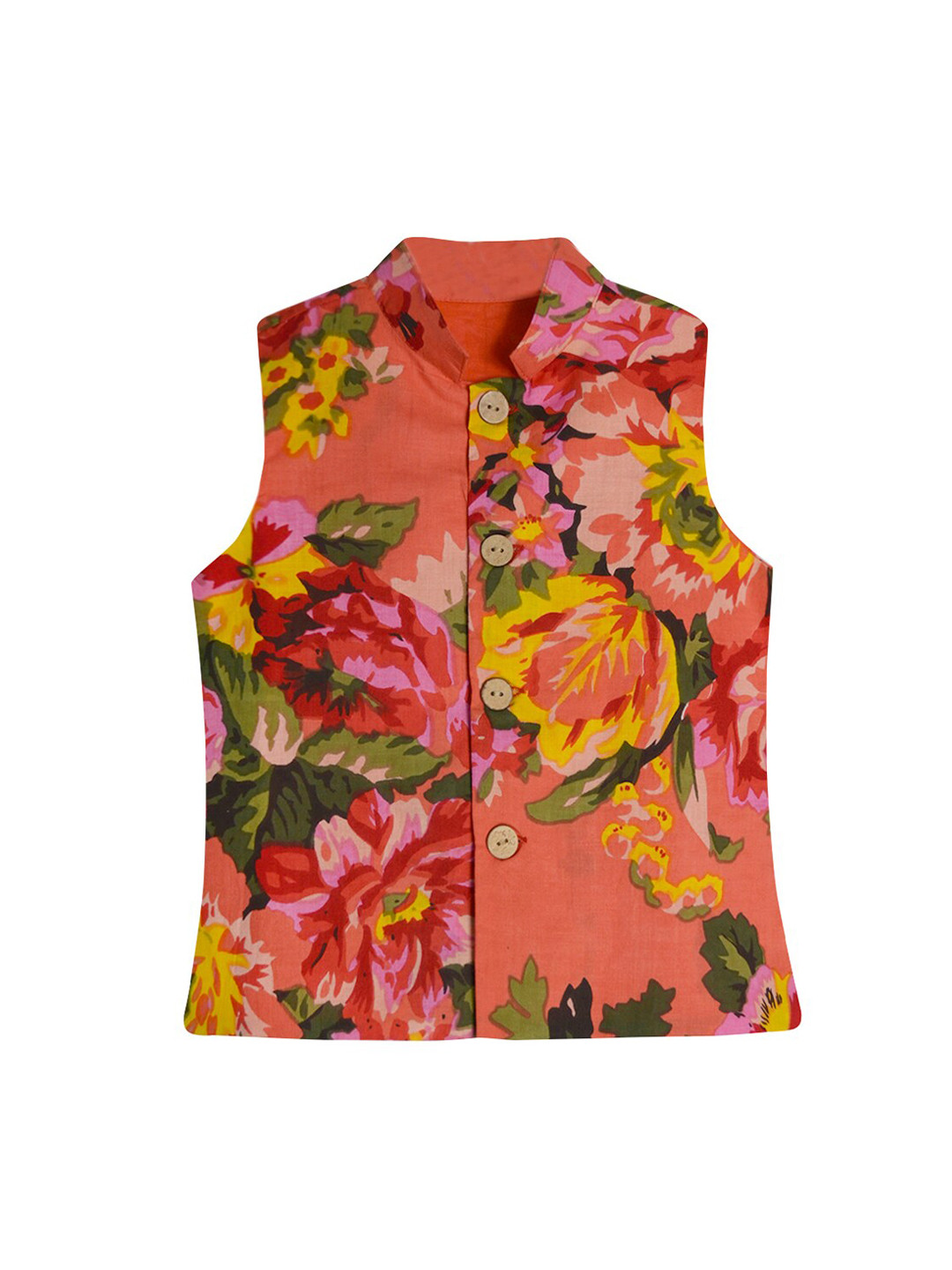 

A.T.U.N. Boys Peach & Green Floral Printed Pure Cotton Nehru Jacket
